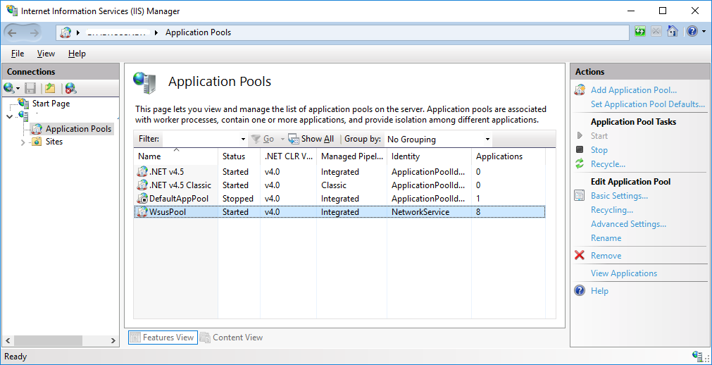 change wsus pool iis