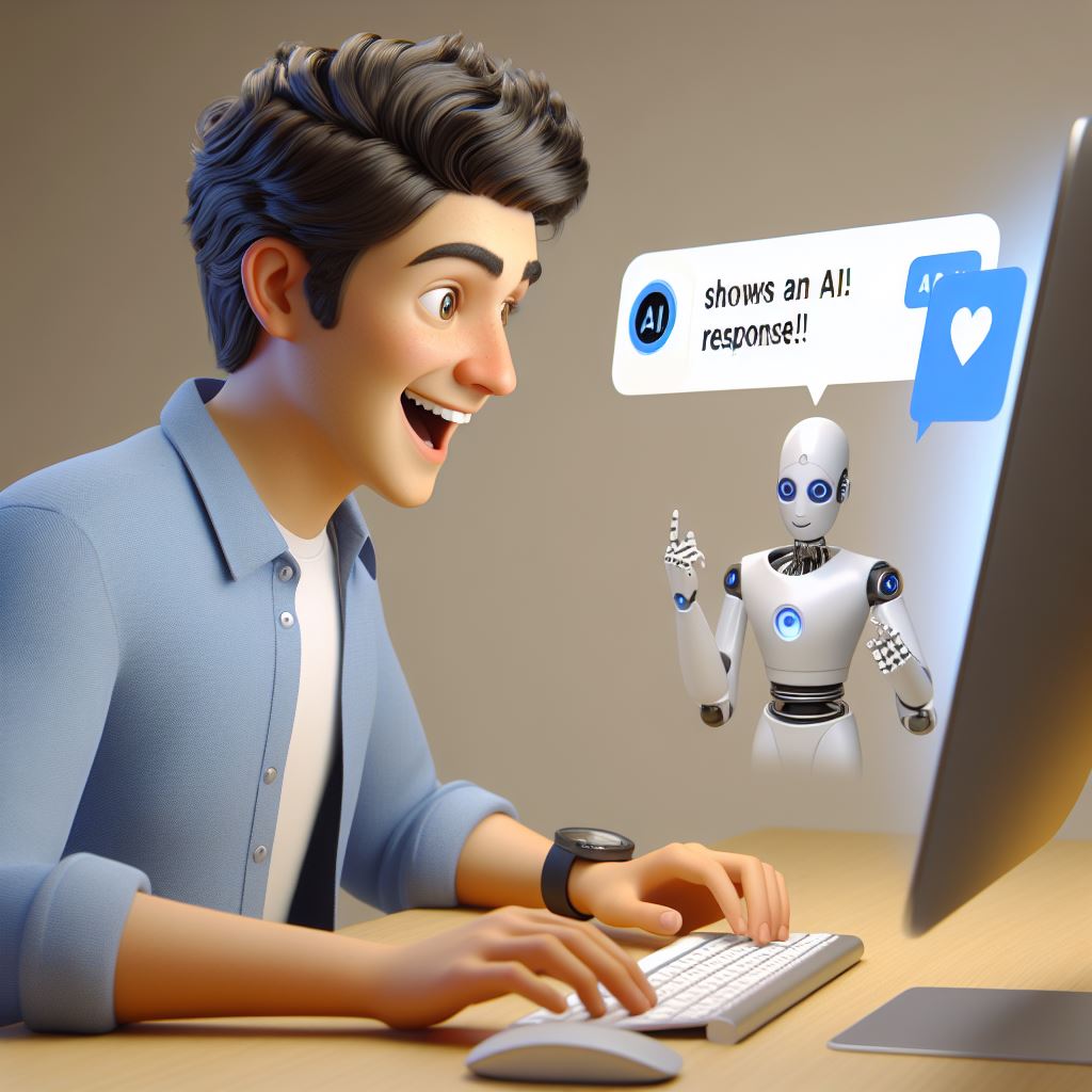 Create me a 3D cartoon rendering of a young male looking at a computer that is showing an AI response to him and he being ecstatic about seeing the response.